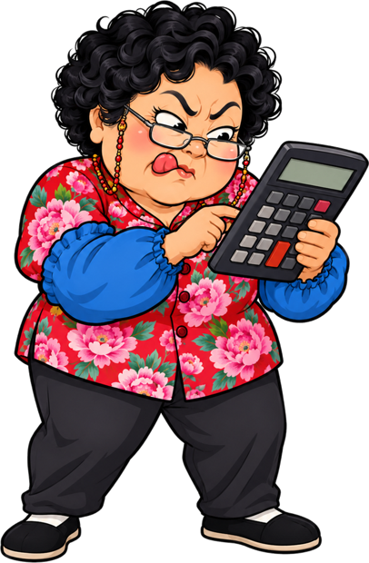 Cartoon Auntie Wang squinting at a giant calculator